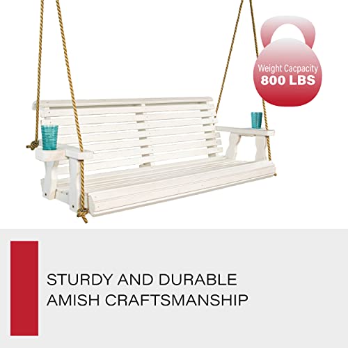 Amish Casual Heavy Duty 800 Lb Roll Back Treated Porch Swing with Hanging Ropes and Cupholders (5 Foot, Semi-Solid White Stain) - Thumbnail 5