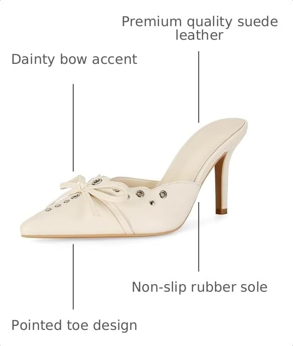 Image of DOEYG Women Pointed Toe Bow Heels Mules Slip on Stiletto Heels Sandals Dress Party Wedding Studded Heels Pumps