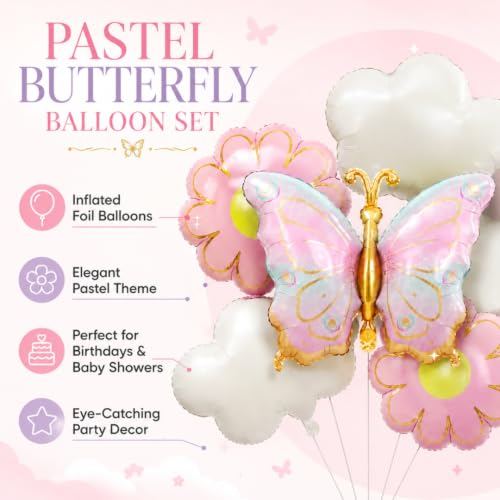 Image of Wanna Party Pastel Butterfly Foil Balloon Set of 5, Butterfly, Pink Daisy Flower and White Cloud Balloons for Birthday, Baby Shower, Newborn Welcome & Garden Theme Party Decoration