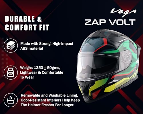 Image of Vega Zap Volt D /V Full Face Motorcycle Helmet with Dual Visor, Shock Absorbing Liner, Comfortable Interior, Lightweight Shell, Aerodynamic Design, and Trendy Black Red Finish Black Red-XL