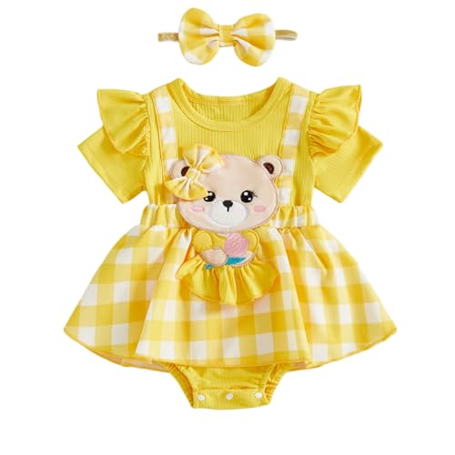 Image of VILAGRAH Baby Girl Summer Clothes Bear Short Sleeve Romper Dress Plaid One-Piece Bodysuit With Headband Infant Girl Outfit