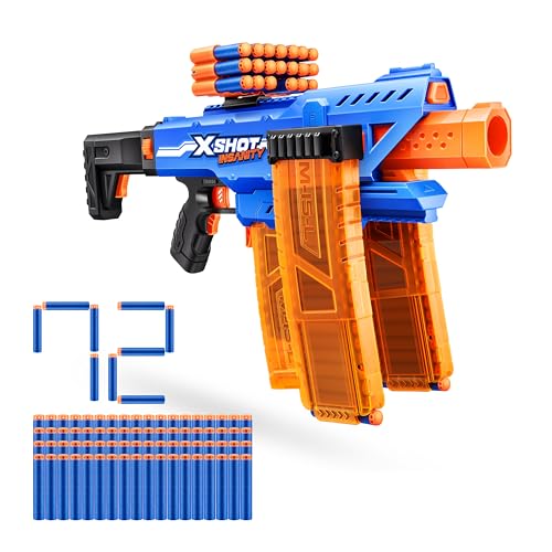 XSHOT Insanity Motorized Clip Mania Dart Blaster with 48 Darts by ZURU, Air Pocket Technology Darts, Dart Storage, Blasting Power, Auto Feeding Belt, Tripod & Scope, Outdoor Toy