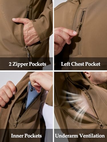 Image of Men's Military Tactical SoftShell Jacket Fleece Lined | Lightweight,Waterproof,Windproof,Multi-pockets,Adjustable Hood for Work,Hiking,Snow,Ski