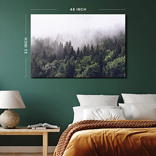 Image of Pine Tree Canvas Wall Art for Living Room Kitchen, Rustic Misty Foggy Forest Scenery Picture Wall Decor Nature Mountain Landscape Prints Poster Fall Trees Painting Modern Artwork Home Decoration 32x48 inch