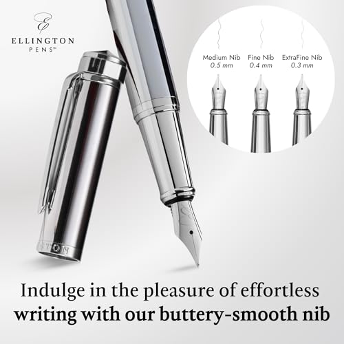 Image of Ellington Pens Luxury Fountain Pen Set - Extra Fine Nib- Includes 3 Ink Cartridges, Refillable Ink Converter, Gift Box- Fountain Pens For Writing, Calligraphy, Journaling, Sketching (Silver Sonata)