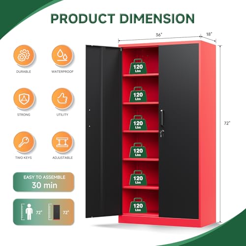 Letaya Metal Garage Storage Cabinets with Lock, 72" Tall Locker Organizer Steel Tool Cabinets,5 Adjustable Shelves 2 Doors for Home Office, Warehouse,Garage,Industrial,Employee (Black Red)