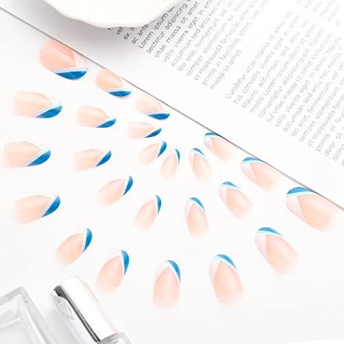 Aksod Glossy Oval Press On Nails Short Almond Fake Nails Pre Designed Cute V Shape French Nails Tips Full Cover Acrylic False Nails Sets For Women And Girls 24Pcs (C) #TOP1