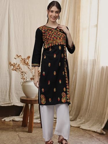 Image of Seva Chikan Hand Embroidered Lucknowi Chikankari Black Cotton Angarkha Style Kurta for Women SCL4626