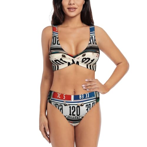 Maillot de bain 2 pièces effet plaque d'immatriculation original gainant femme