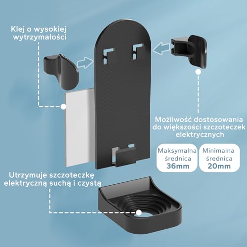 Elektryczny Uchwyt na Szczoteczkę do Zębów, HOMMAND 2 Szt. Mocny Samoprzylepny Uchwyt na Szczoteczki Elektryczne, Regulowany Stojak Organizer na Szczoteczki do Zębów Naścienny do łazienki, Czarny