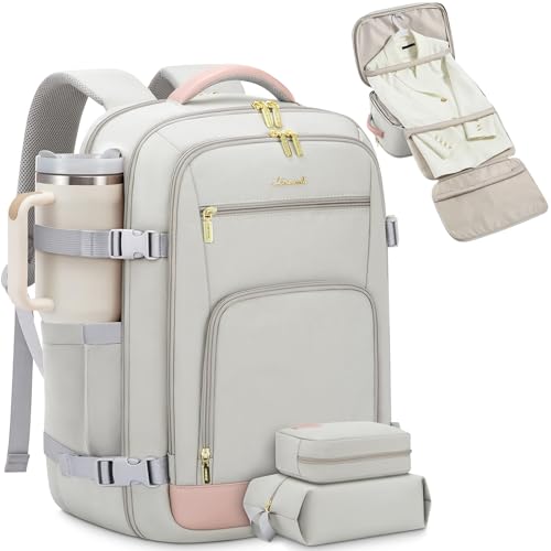 Image of LOVEVOOK Travel Backpack for Women, 50L Carry On Backpack Flight Approved with Garment Bag, Personal Item Travel Bag Fit 17 Inch Laptop, Business Weekender Overnight Daypack With 2 Cubes, Pink-Grey