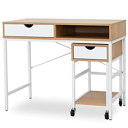 moca company Letta シンプル パソコンデスク キャスター付き デスクワゴン セット 幅90 ナチュラル ホワイト