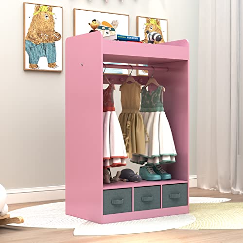 Kcelarec Kids Dress up Storage with Mirror and Storage Bin,Kids Play Armoire Dresser with Mirror, Pretend Storage Closet for Kids(Style 2-Pink)