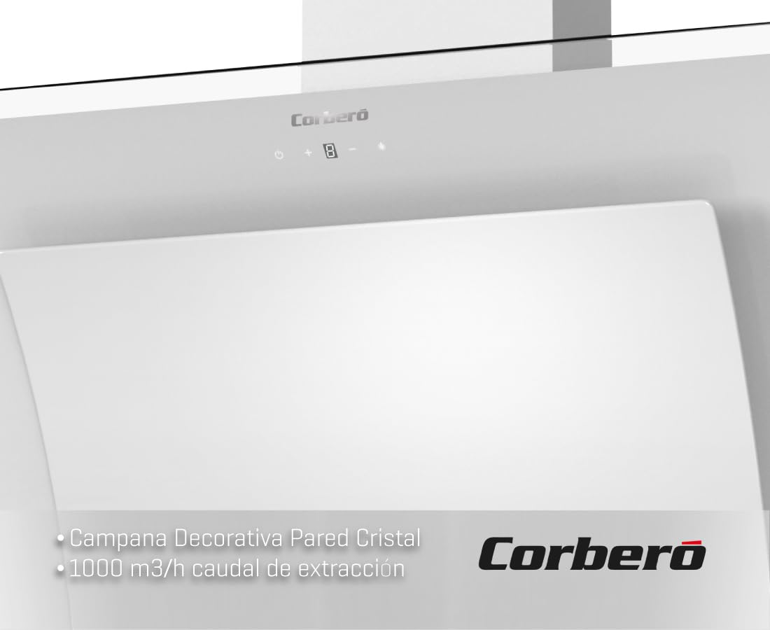 Corberó – Campana Decorativa `[NYASA9000W] 90 cm | Caudal 831 m3/h| 3 Velocidades | Control Touch | Filtro Aluminio 3 Capas + Filtro Carbón | E.Energética A++ | Cristal Blanco