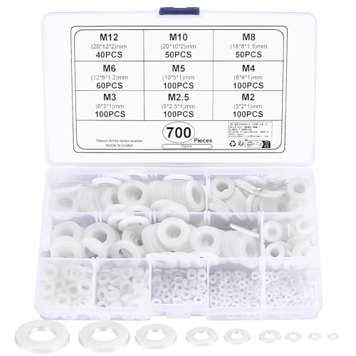 700 Piezas Arandelas Planas, Pasacables de Nylon, Electrico Pasamuros, Arandelas de Seguridad, Espaciadores Redondos para Fijaciones Industriales - M2/M2.5/M3/M4/M5/M6/M8/M10/M12