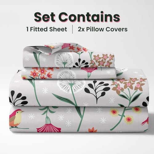 Image of LORETO - A QUALITY LINEN BRAND 144 TC 100% Pure Cotton Double /Queen Fitted Bedsheet with 2 Pillow Covers for 72 x 60 Inch Mattress, All-Around Elastic, 8 Inch Deep Pocket, Lavender Grey Spring Harmony