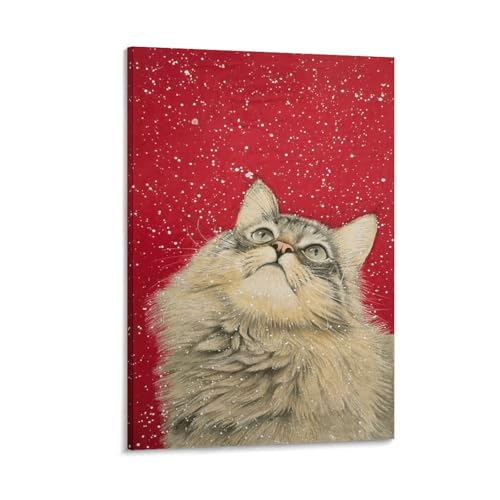 Fluffy Cat Gazing at Stars Canvas Poster, Red Background Snow