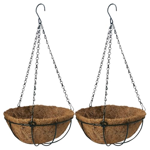 LWINGFLYER 2PCS Metal Hanging Basket Coconut Palm Flower Basket 10'' Round Metal Hanging Flower Pots for Garden Porch Balcony Patio Home Garden