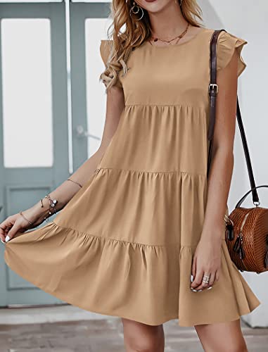 Image of KIRUNDO Summer Dresses for Women Sundress Sleeveless Ruffle Sleeve Round Neck Loose Short Flowy Pleated Mini Babydoll Dress