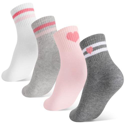 Utensilsto 4 Paare Kind Tennissocken Sportsocken, Mädchen Jungen Streifen Herz Tennis Socken Gestreifte Socken Kinder Baumwolle Mittelrohrsocken, Retro Crewsocken 33-37