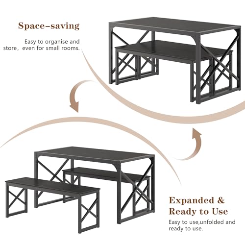 Image of VECELO 55 inch Kitchen Dining Table Set for 4, Heavy-Duty Steel Frame & Wood-Grain Tabletop, Space-Saving Dinette Sets with 2 Benches for Breakfast Nook and Small Space, Black