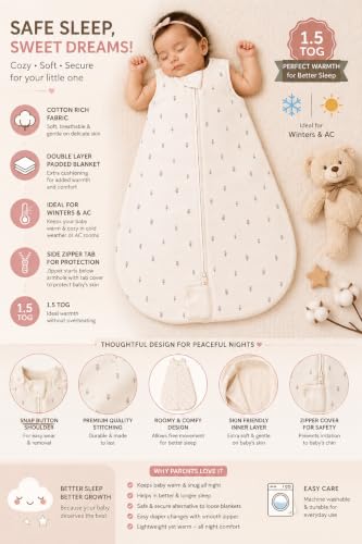 Image of TuddyBuddy Baby Cotton Wearable Quilted Sleeping Bag Blanket 1.5 Tog with 1 Way Zipper Closure | Ideal for Babies & Kids Hypoallergenic Fabrics | (Lavender Floral AOP - Off White, 18-24 Months)