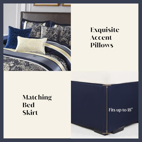 Image of CozyDH 7-Piece Navy Blue Comforter Set King - Luxury Jacquard Damask Vintage Floral Gold Striped Bed in a Bag, All Season Down Alternative Bedding with Bed Skirt, Shams, Decorative Pillows, 104x90 in