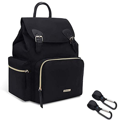 Vogshow Waterproof Diaper Bag, Multifunction Stylish Travel Backpack with 2 Stroller Hooks, Black