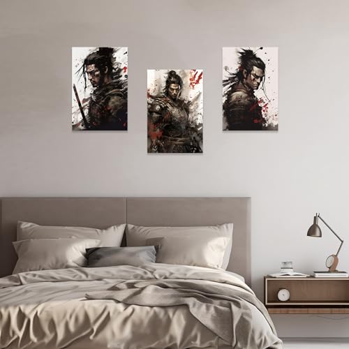 Image of CCWACPP 3 Piece Samurai Wall Art Japan Painting Canvas Print Warrior Figure Pictures Bushido Posters Japanese Culture Theme Artwork Home Room Decor Framed (A, (20 inchx28 inchx3))