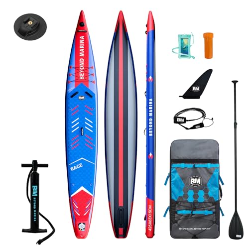 BEYOND MARINA SUP Stand Up Inflatable Paddle Board Racing Board with Action Camera Mount | Complete with All Accessories(Azurage, 14'25''x6'')