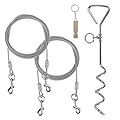 Dog Stake and Tie Out Cable,Heavy Duty Stainless Steel Spiral Ground Spike Stake,2 PCS Outdoor Dog Camping Tie Out Lead Leash with & Whistle for Dog Playing, Camping and Backyard in Ground