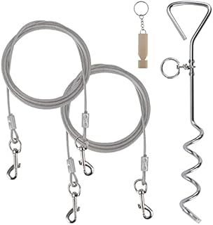 Dog Stake and Tie Out Cable,Heavy Duty Stainless Steel Spiral Ground Spike Stake,2 PCS Outdoor Dog Camping Tie Out Lead Leash with & Whistle for Dog Playing, Camping and Backyard in Ground