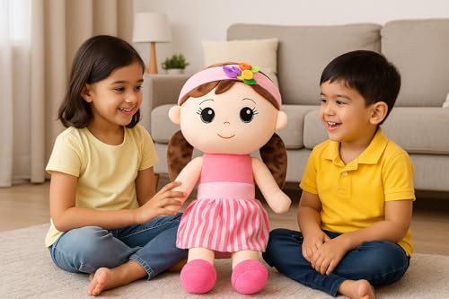 Image of Soft Plush Doll Toy for Baby Girls - Cute Stuffed Doll with Colorful Dress & Hairband for Kids (Height: Approx. 50 cm)