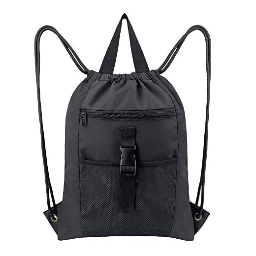 Black Drawstring Backpack Bag Gym Sports String Bags with Inside Pocket for Teens Boys Girls Large Waterproof Cinch Bag Heavy Duty Sackpack with Zipper Mesh Pockets