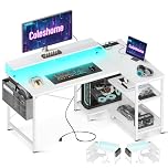 Coleshome L Shaped Gaming Desk with LED Lights, 120 × 80 cm Computer Desk with Power Outlet, Reversible Corner Gaming Table with Storage Shelves & Monitor Stand, White