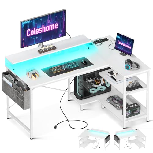 Coleshome L Shaped Gaming Desk with LED Lights, 120 × 80 cm Computer Desk with Power Outlet, Reversible Corner Gaming Table with Storage Shelves & Monitor Stand, White