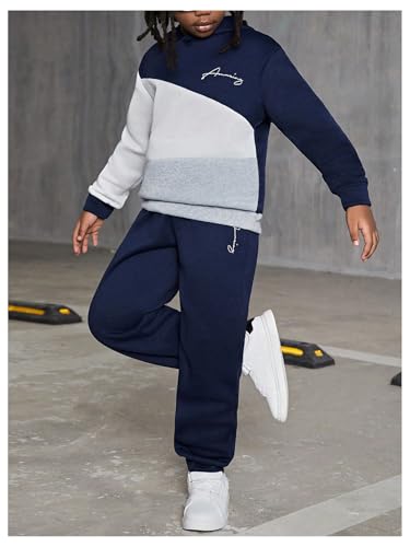 SweatyRocks Boy's Two Piece Outfits Color Block Graphic Hoodie and Joggers Clothing Sets3