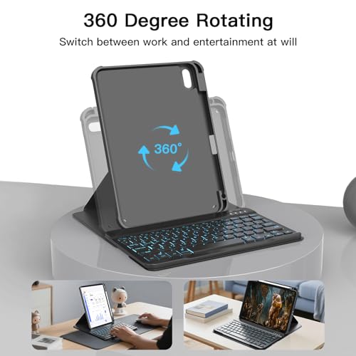 RAYMCRAFT for iPad 11th (A16, 2025)/10th Generation Case with Keyboard, 360° Rotatable Sparkling Glitter Case with Detachable 7-Color Backlit Keyboard, Precision Cutouts & Pen Holder, Black by RAYMCRAFT - Image 3