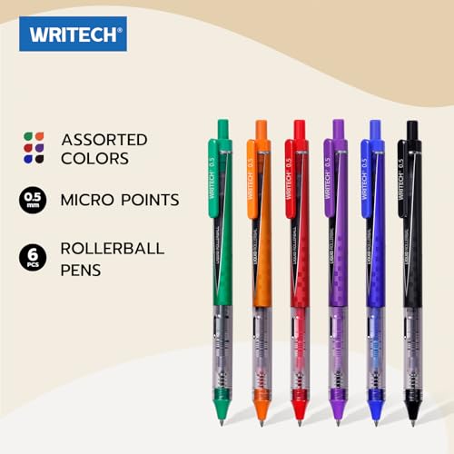 Writech WRI-995-MULTICOLOR-6 Liquid Ink Rollerball Pens: Multicolor 0.5Mm Fine Point Retractable Rolling Ball Pen Assorted Colors thumb #1