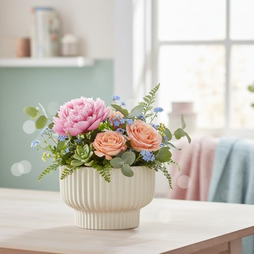 Image of Xtore Graceful Ribbed Ceramic Planter for Indoor Plants & Bonsai Display | Minimal Modern Tabletop Pot for Living Room, Desk & Balcony Styling (Beige, Planter only)