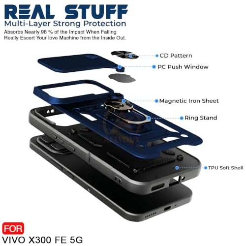 Image of Armor Bumper Back Cover Case for Vivo X300 FE 5G | Rotating Camera Cover, Ring Holder & Kickstand | Heavy Duty & 360 Degree Protection Back Cover (Blue)