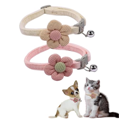Small Cat Collar with Bell,(2 Pack Pink+Beige) Small Dog Collar with Bells Flower Suede Girl Cute Fancy Puppy Collar with Bells for XXS XS Tiny Little Kitten Pet Female Dogs,Neck 8-12 Inch p