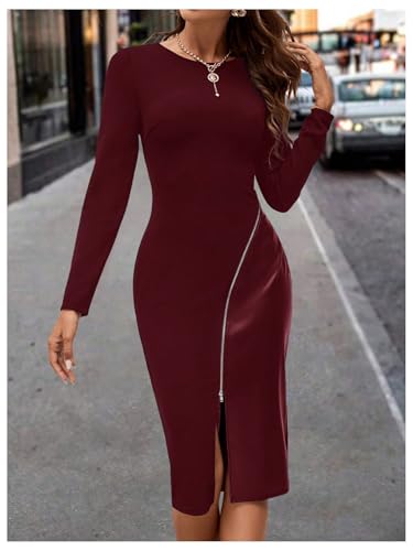 Image of SOLY HUX Women's Patchwork Leather Zipper Dress Crew Neck Long Sleeve Split Hem Elegant Bodycon Dress