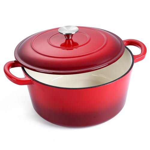 E-far Horno holandés de hierro fundido esmaltado con tapa, olla holandesa redonda de 6 cuartos de galón, utensilios de cocina antiadherentes para estofar, guisos, asar, hornear pan, cocinar,