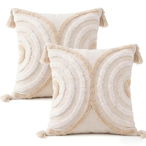 MEILIHEN 2er Set Moderner Boho-Kissenbezug 45x45cm Baumwoll-Leinen-Kissenbezug mit Quaste einfarbigWohnzimmer SchlafzimmerGeeignet für alle Arten von RaumdekorationHalbkreis