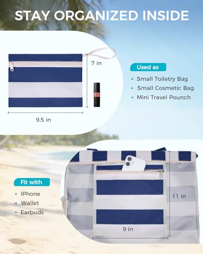 Image of WANDF Beach Bags for Women, Large Waterproof Sandproof Beach Tote Bag with Zipper Family Pool Bags with 40oz Tumbler Pocket, Swim Cruise Vacation Essentials (Navy Blue)