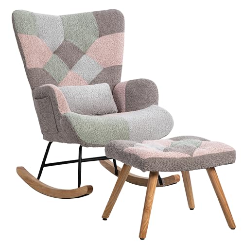 PCXWTLN Sedia a dondolo per interni ed esterni, con 1 poggiapiedi e 1 cuscino lombare colorato con piedini antiscivolo (93 x 43 x 48 cm)