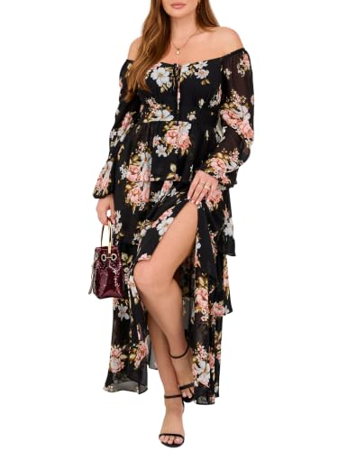 Image of EYWOL Plus Size Long Sleeve Floral Tiered Semi Formal Wedding Guest Dress | Chiffon Maxi, On or Off Shoulder, Flowy A-Line, Side Slit, Elastic Back Waist, Cocktail, Dinner Party, Engagement, Prom, Gala