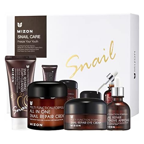 MIZON Full Skincare Set: All-in-1 Snail Repair Cream, Snail Repair Intensive Ampoule, Snail Repairing Foam Cleanser, and Snail Repair Eye Cream Korean Gift Set Snail Skincare Set Cover