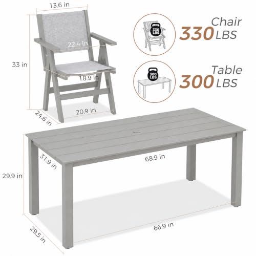 Image of 7-Piece Patio Dining Table Set, 69 inch Rectangle HDPE Outdoor Table & 6 Textilene Chairs Set with 2 inch Umbrella Hole, Wood-Look Finish, All-Weather Dining Set for Backyard, Poolside, Light Gray